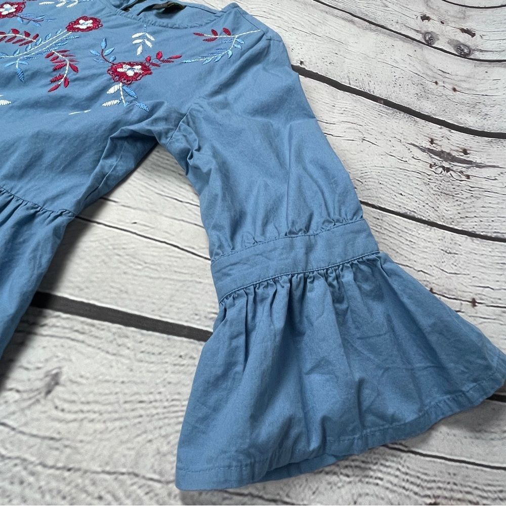 MYX Fusionwear blue boho embroidered cotton dress bell sleeves pockets, size L - Picture 5 of 14